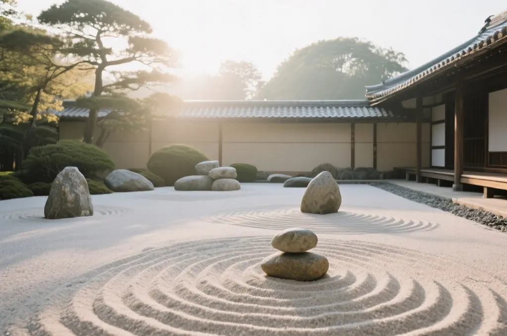 宁静的枯山水庭院，完美的沙纹与平衡的石头，象征专注与内心的平静